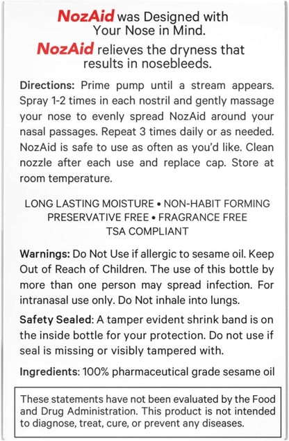 Nasal Moisturizer Spray w/Sesame Oil .34 oz Moisturizing Lubricant for Dry, Crusty, Cracked, Stuffy Nose Relief, Nosebleeds, Preservative Free by NozAid