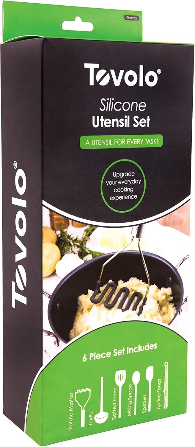 Tovolo Silicone Utensil Set of 6 (Charcoal) - Kitchen Utensils & Gadgets Essential for Baking, Cooking, Food Prep, Grilling, Home, Apartment, & Gifting/BPA-Free & Dishwasher-Safe