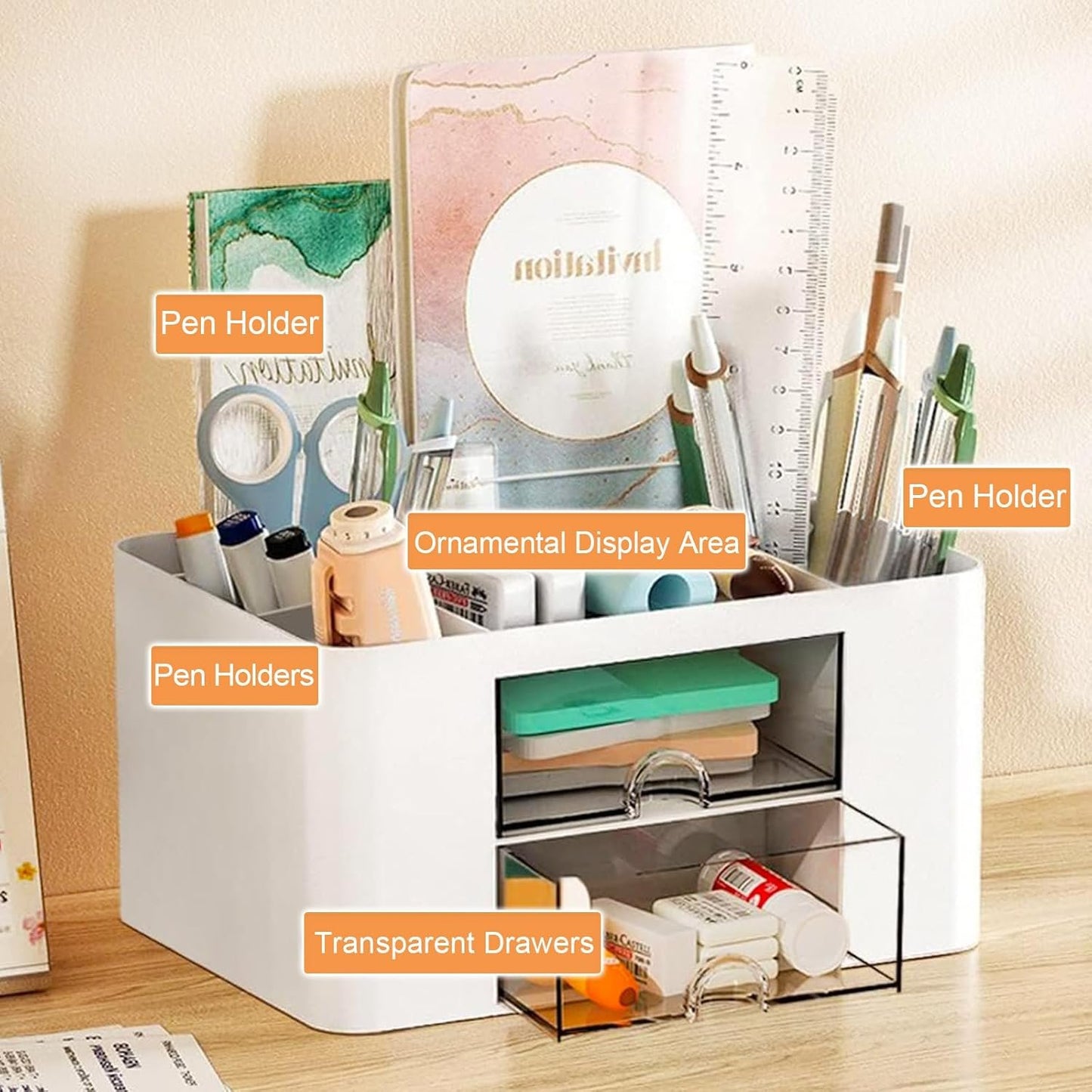Drawer Organizers, 4 sections & 2 drawers Pen Holder for Desktop Storage, Desk Organizer, Plastic Makeup Organizer, Desk Organization for School, Home, Office Supplies (White)