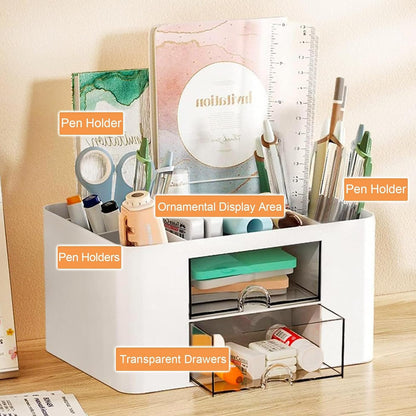 Drawer Organizers, 4 sections & 2 drawers Pen Holder for Desktop Storage, Desk Organizer, Plastic Makeup Organizer, Desk Organization for School, Home, Office Supplies (White)
