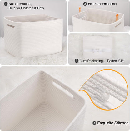 MicroIdeas Woven Storage Basket, Cotton Rope Organizing Baskets for Nursery, Baby Toys, Home Organization, rectangular Bathroom Towel Baskets for Shelves 13*11*9in - Set 3, White