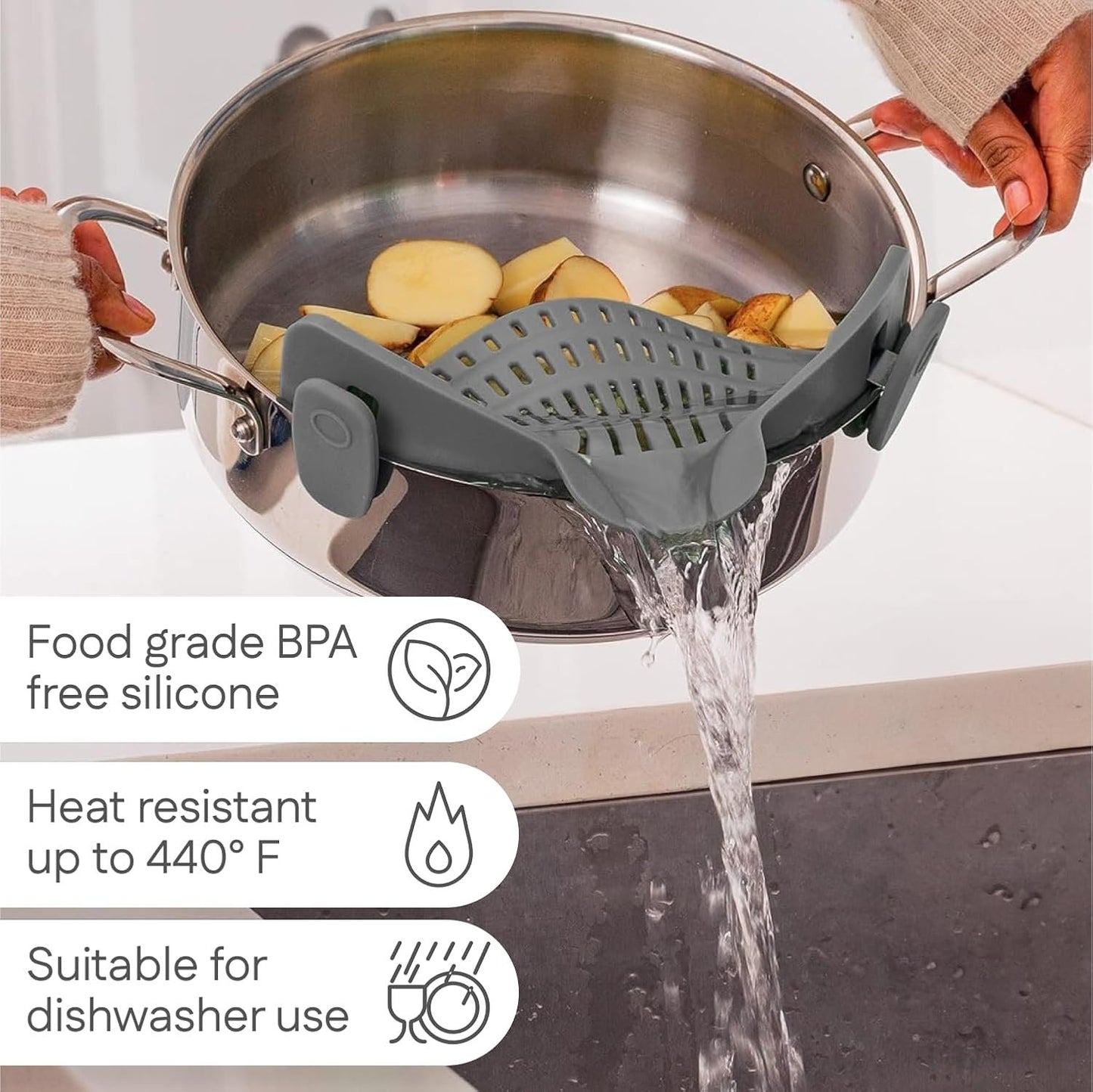 Original Kitchen Gizmo Strainer for Pots, Pans, and Bowls - Adjustable Silicone Clip on Colander - Snap N Strain Kitchen Gadget for Fruits, Veggies, Salads, Pasta, and More - Dishwasher Safe - Grey