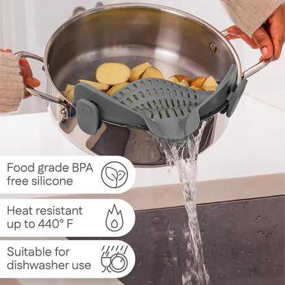 Original Kitchen Gizmo Strainer for Pots, Pans, and Bowls - Adjustable Silicone Clip on Colander - Snap N Strain Kitchen Gadget for Fruits, Veggies, Salads, Pasta, and More - Dishwasher Safe - Grey
