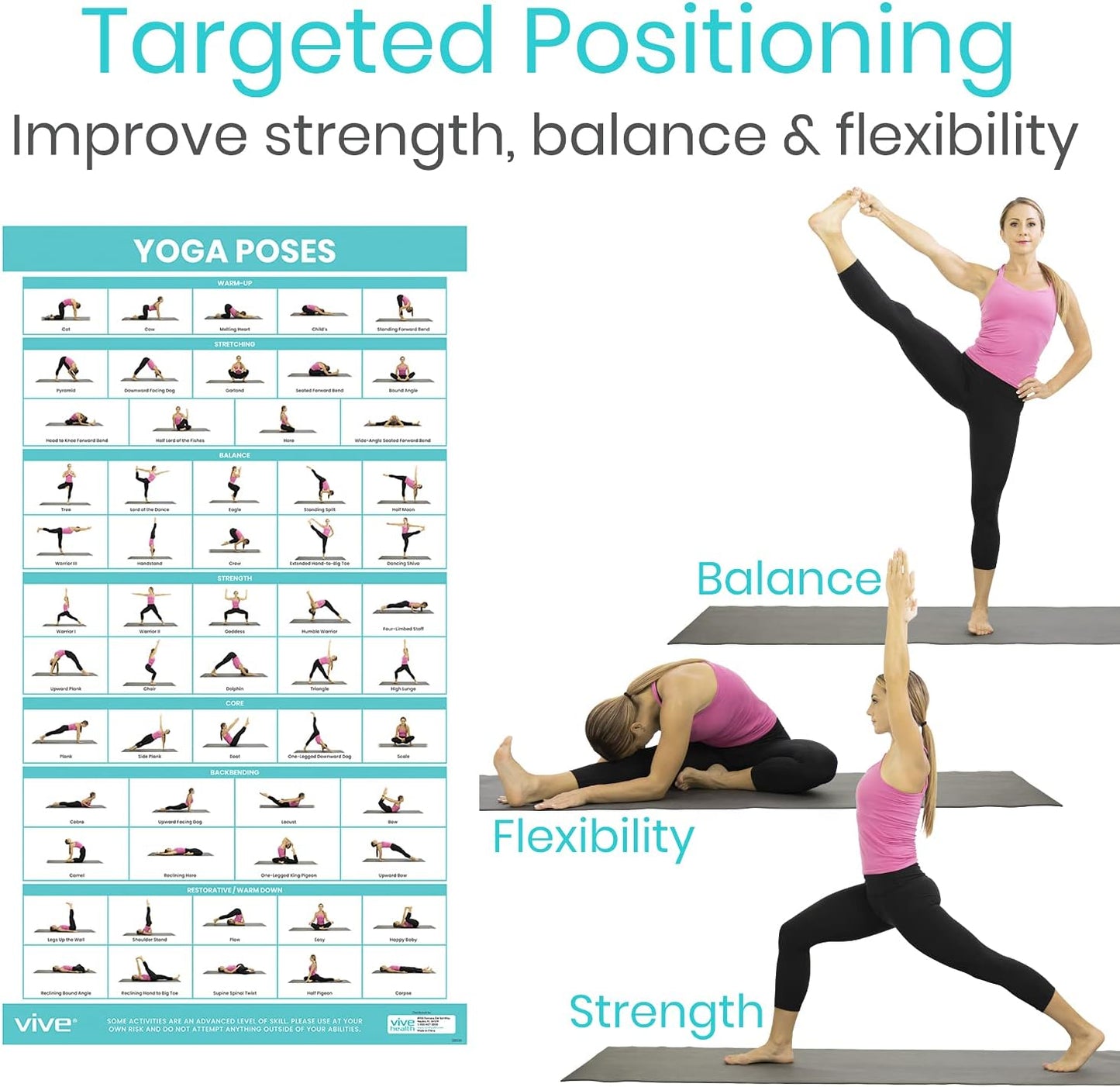 Vive Yoga Poster - Poses for Beginners and Experts - Mat Exercise Home Gym Workout Accessories Set- Double Sided Laminated Flow Chart Accessory - Instructional Guided Routine - for Women, Men