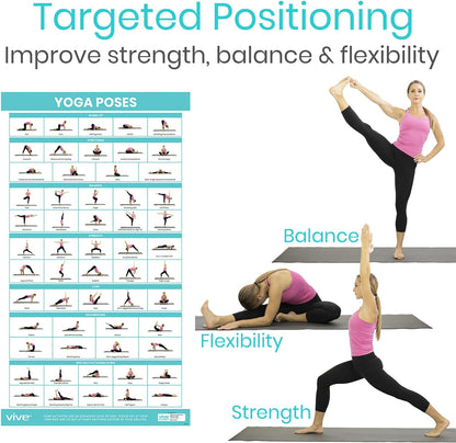 Vive Yoga Poster - Poses for Beginners and Experts - Mat Exercise Home Gym Workout Accessories Set- Double Sided Laminated Flow Chart Accessory - Instructional Guided Routine - for Women, Men