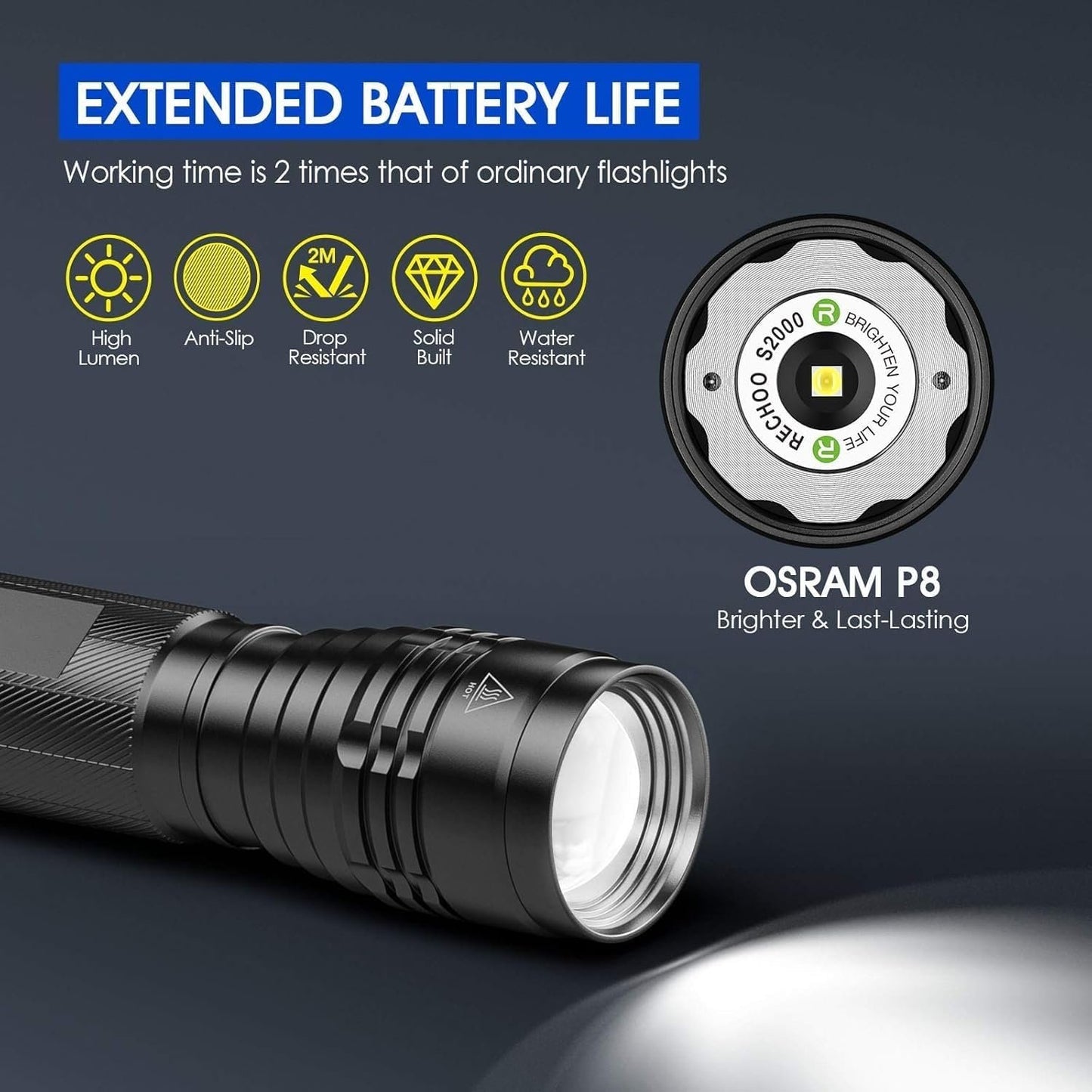 AHAORIGIN Powerful LED Torch Flashlight S2000, High-Powered 2000 High Lumens Torch with 3 Modes, Zoomable, Water Resistant Flashlight for Home, Camping, Emergency, Hiking, Outdoor