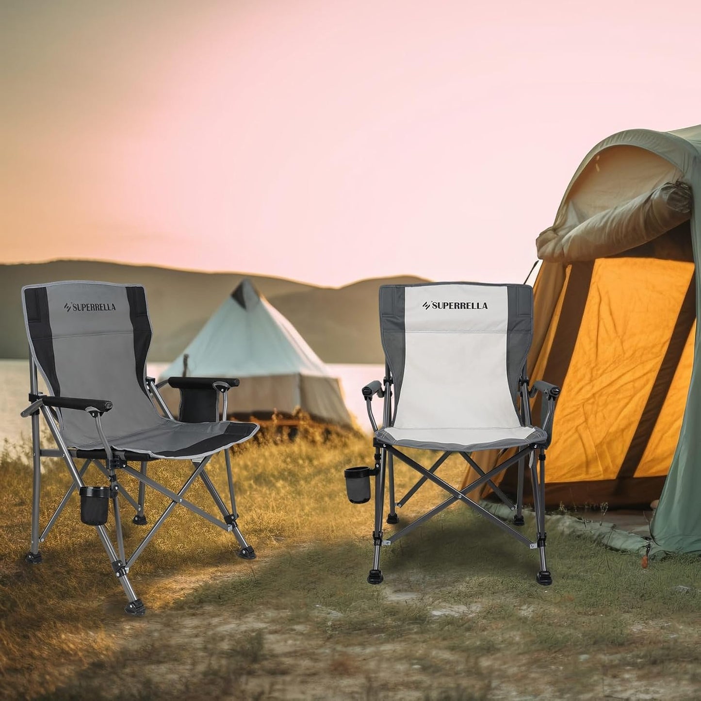 Superrella Camping Chair Folding Portable Lawn Chair Comfortable Hard Arm Sturdy for Family Camp, Outdoor, Sports, Beach, Travel, Beige, Supports 300 lbs