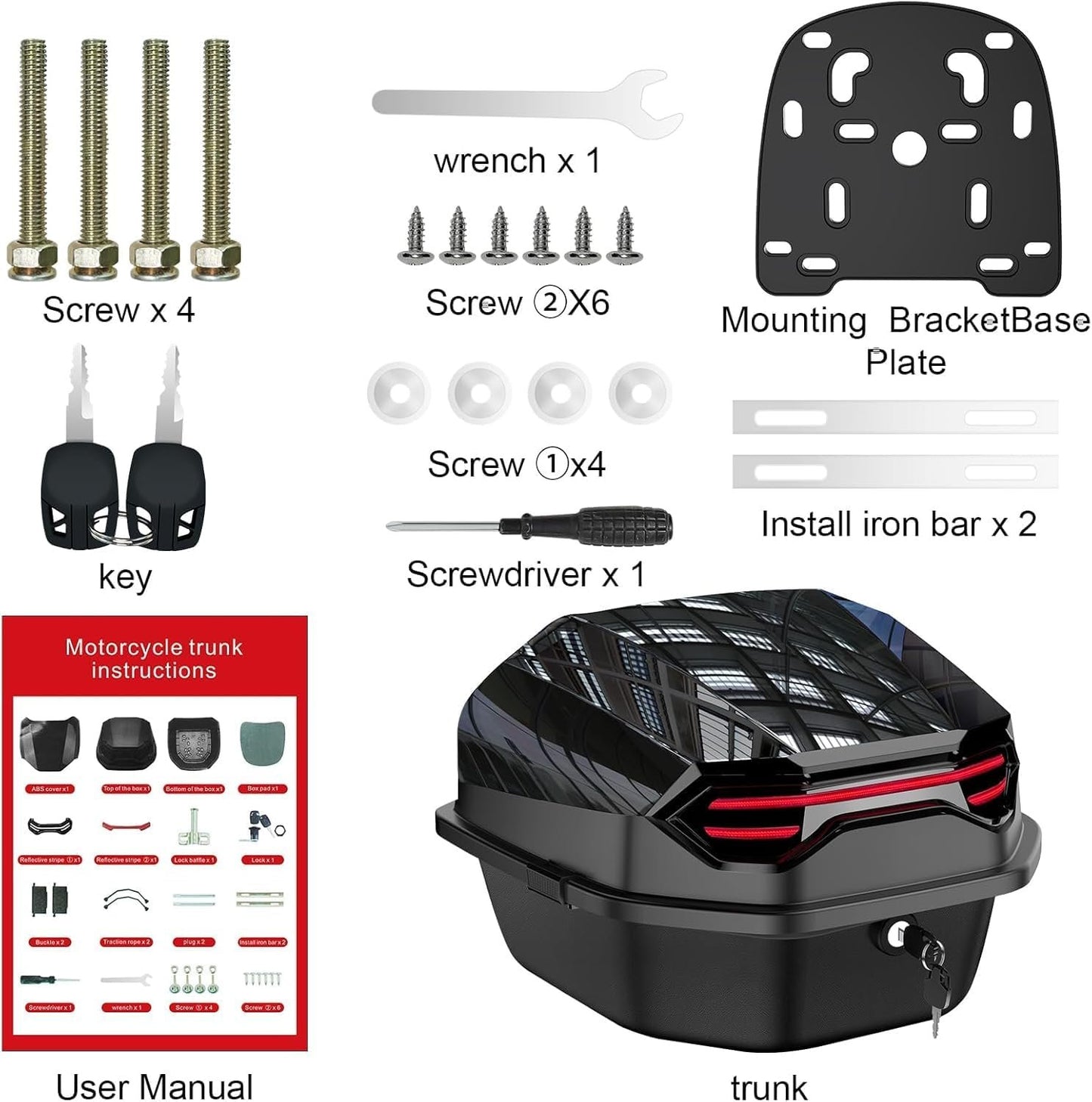 Motorcycle Top Case, Motorcycle Tour Tail Box Scooter Trunk Luggage Top Lock Storage Lockable Waterproof Carrier Plastic Case with Mounting Hardware - 35L Capacity - Can Store Helmet - Black