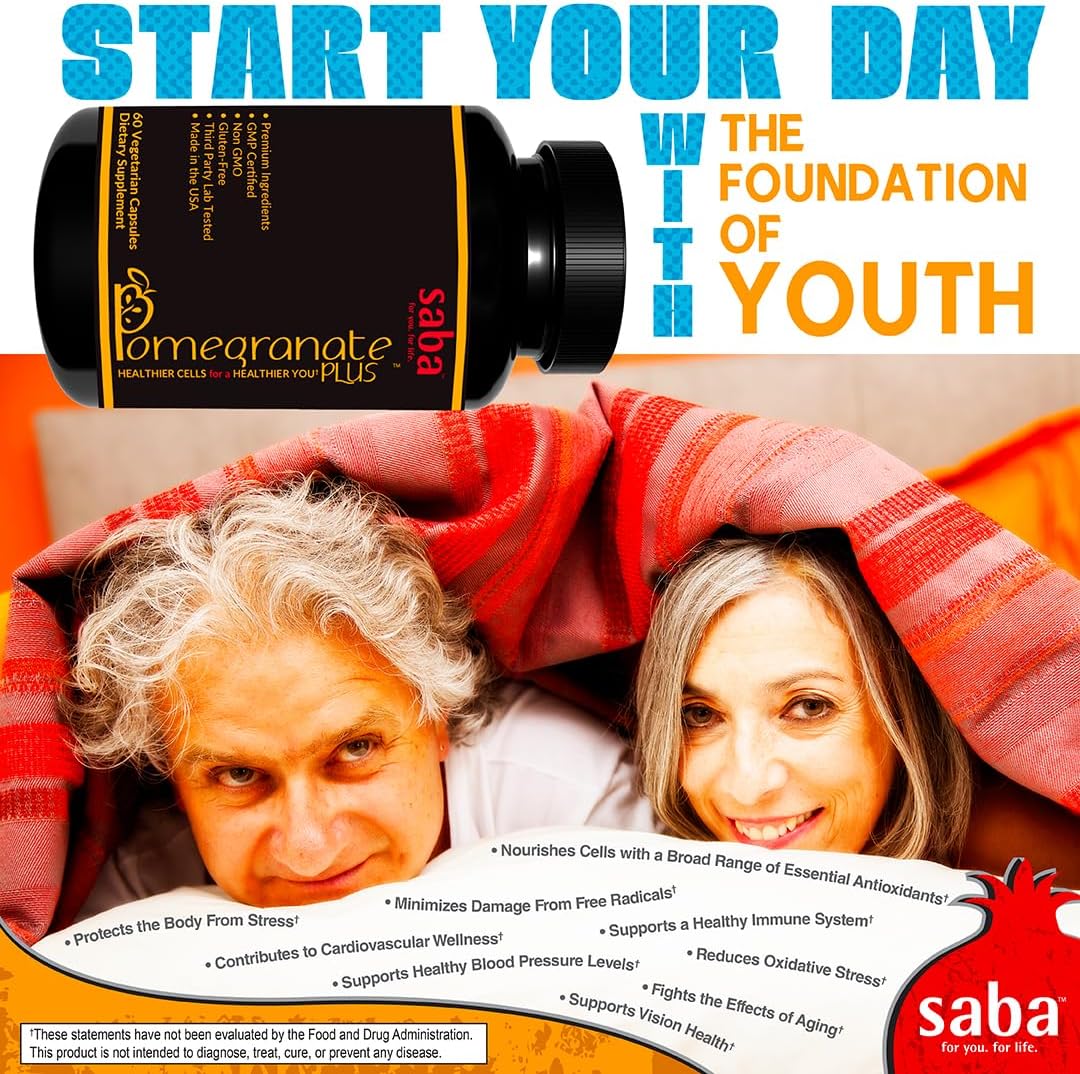 Saba Pomegranate Plus -Cellular Nutrition, Broad Spectrum of Essential Antioxidants - Support Stress, Cardiovascular Wellness, Immune System, Vision- 60 Capsules