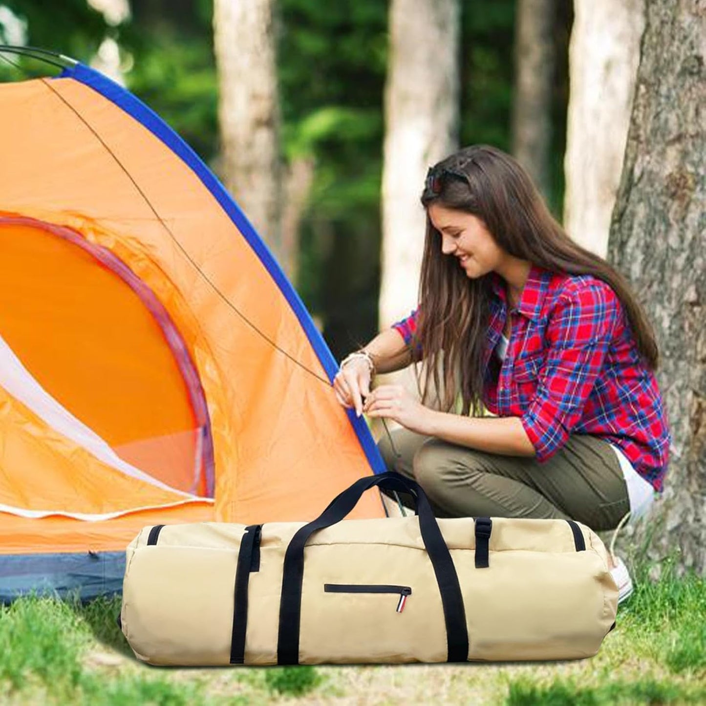 Extra Large Duffle, Waterproof Travel Bag, Zippered Tent Holder, Foldable Gear Bag, Heavy-Duty Storage, Sturdy Carry Handles For Travel, Camping, And Outdoor Packing, Khaki, Please refer to