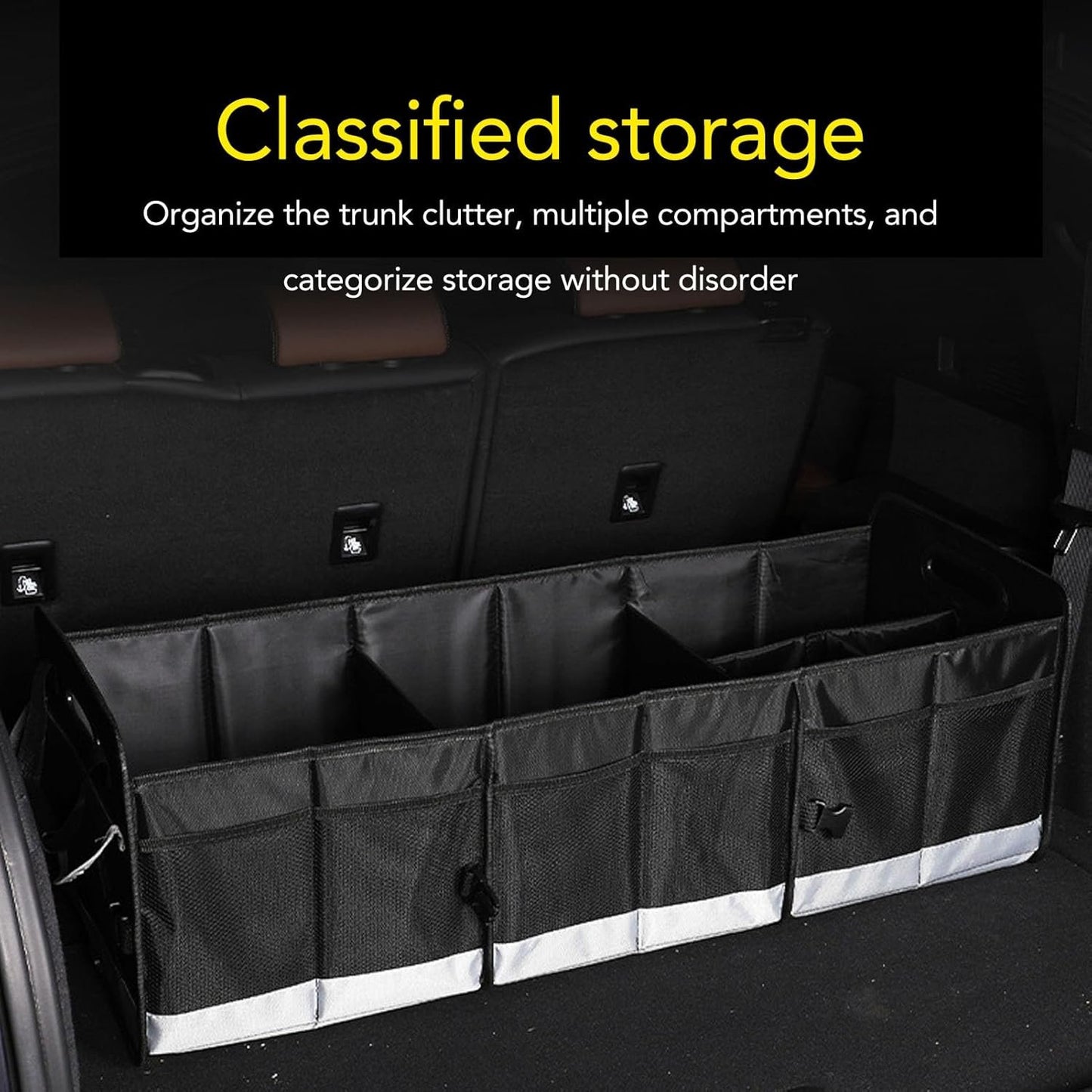 Car Trunk Organizer, 95L Car Multi Compartment Storage Box with Handles, Foldable Trunk Extended Cargo Organizer, for Any Car, SUV, Truck