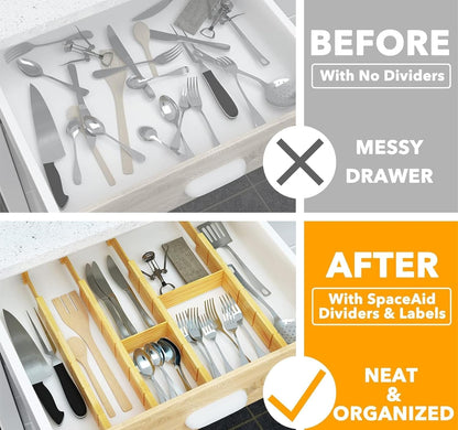 DoublleHui Bamboo Drawer Dividers with Inserts and Labels, Expandable Organization for Home, Office, Dressers, 4 Dividers with 9 Inserts (43-56cm), Natural Brown