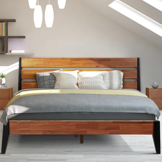 Acacia Emery Bed Frame with Headboard 100% Solid Wood Platform Bed, Scandinavian Bed Style with All Mattresses, Non-Slip and Noise-Free, 30 Mins Assembly, King Size Bed Frame, Americano