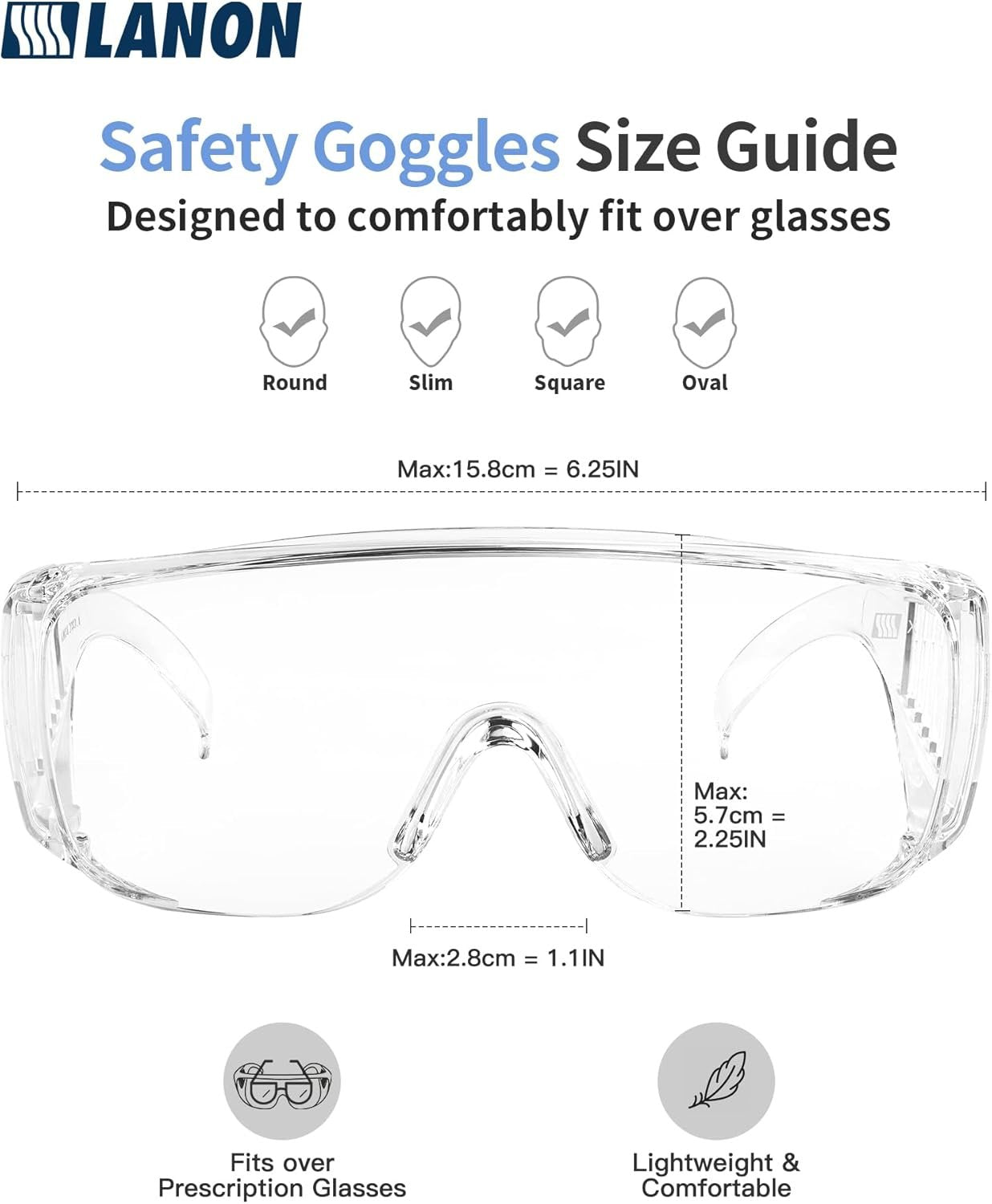 LANON 3 Pack Safety Glasses Over Eyeglasses,ANSI Z87.1 Standard,Anti-Fog & Scratch,Peripheral Protection, High Transmission,Anti-UV,Wrap Around Clear Safety Goggles
