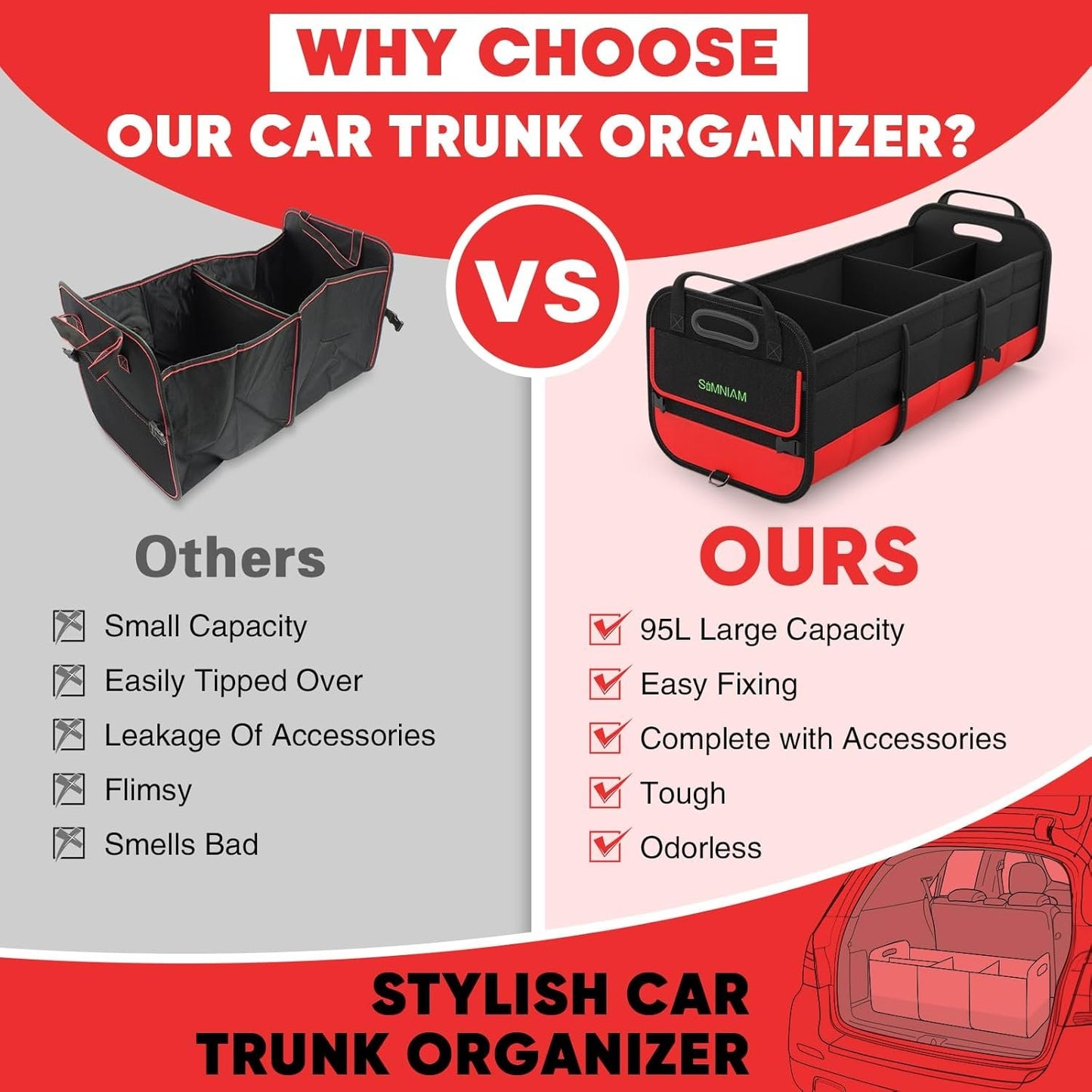 Simniam Large Trunk Organizer for Car, Collapsible Multi Compartment Car Trunk Organizer with 2 Retractable Straps, Suitable for All Kinds of Cars, SUV, Minivan - 4 Compartments Red