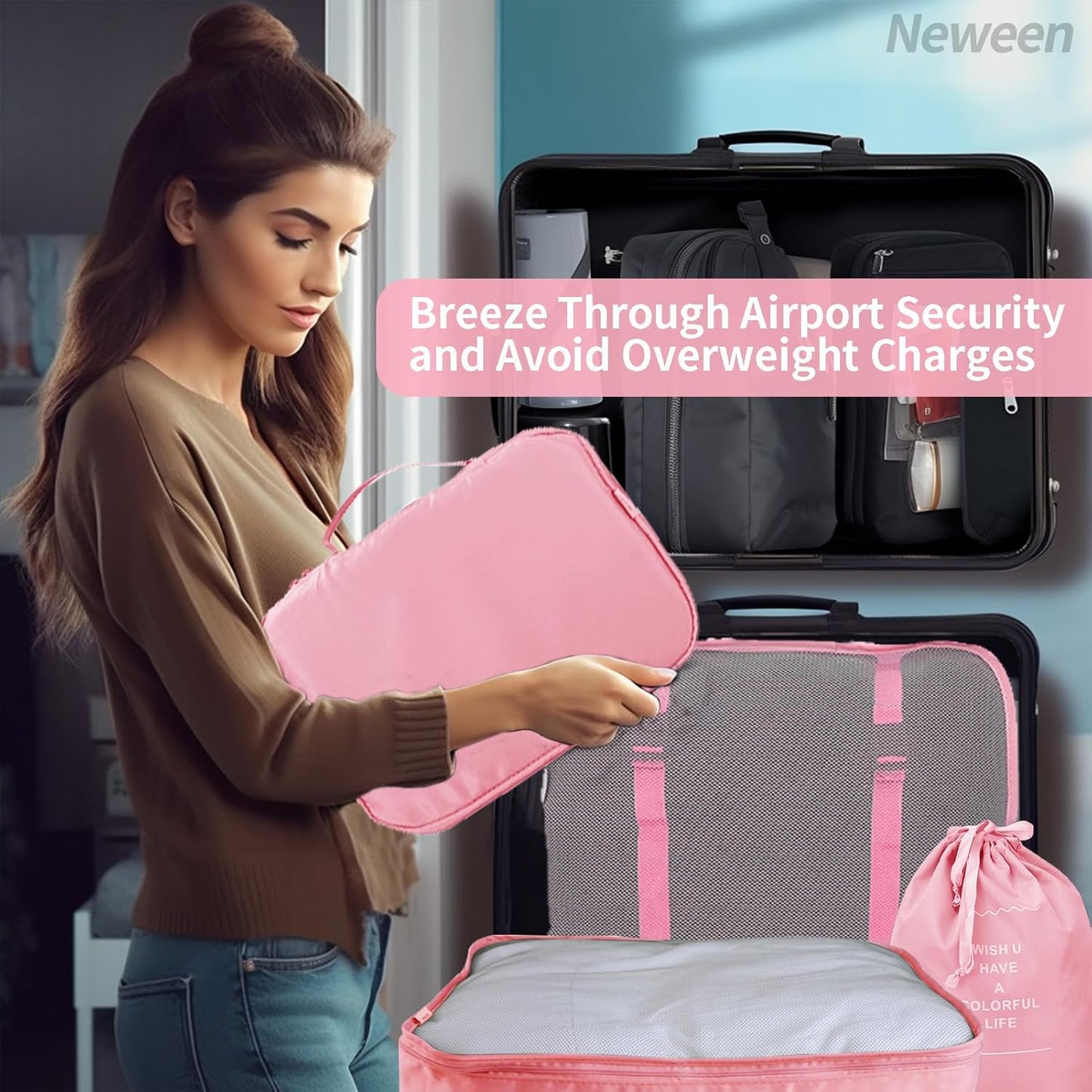 Neween 9PCS Packing Cubes for Suitcases, Travel Luggage Packing Organisers with Shoe Bag & Cosmetic Bag, Waterproof Travel Essential Cube Accessories Clothes Toiletries Storage Pouch (B-Pink)