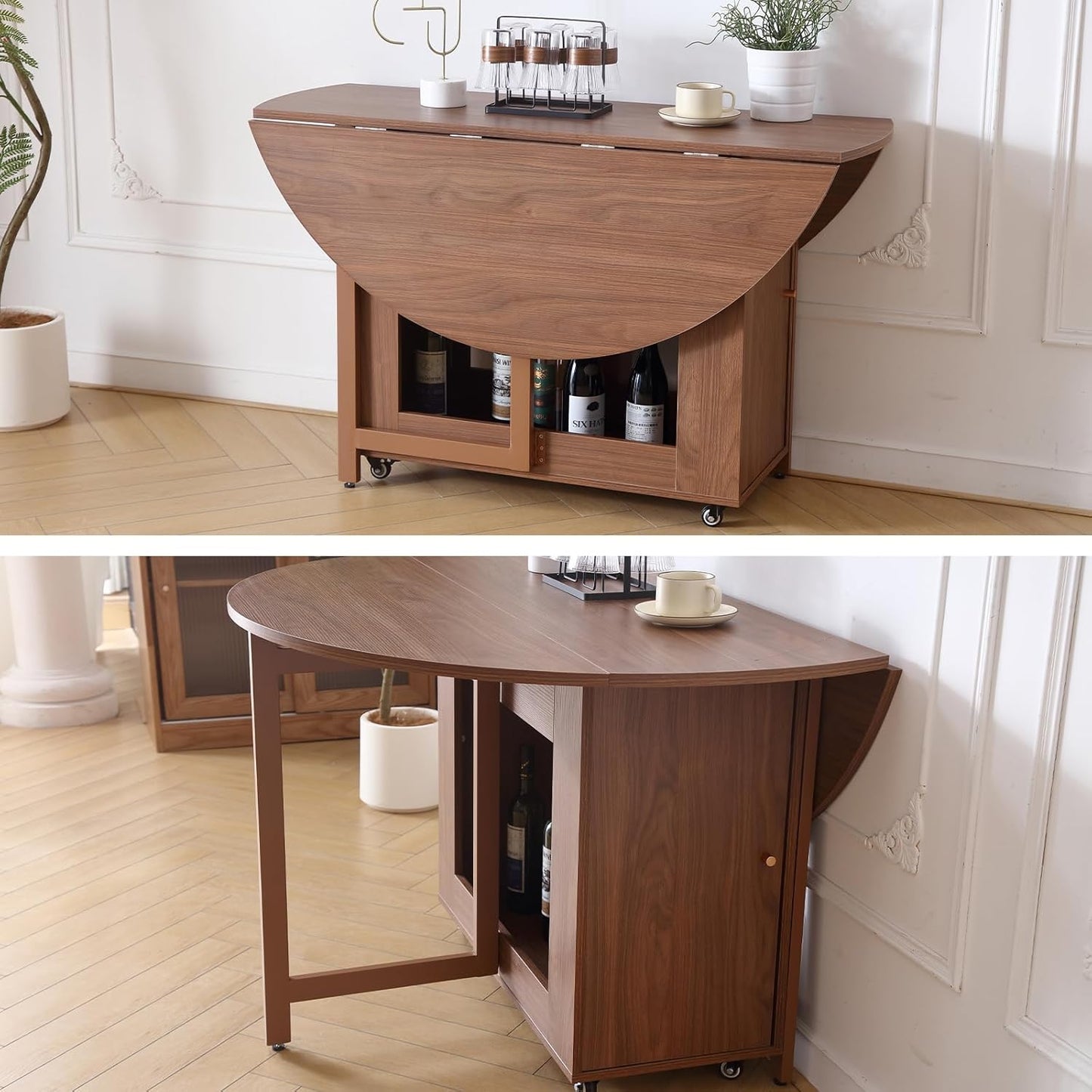 COMUHOME 47.3" Round Folding Dining Table for 4-8, Wood Kitchen Foldable Table Large Drop Leaf Dinner Table with Storage Shelf Metal Legs for Home Dining Room Living Room in Walnut