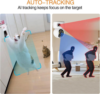 XIULIUU Security Camera Indoor, Dual-Lens Pet Camera with 64GB SD Card, 2.4GHz WiFi, 1080p HD & Full-Color Night Vision, 360Â° Pan-Tilt Coverage, Motion Tracking, 2-Way Audio Home Camera