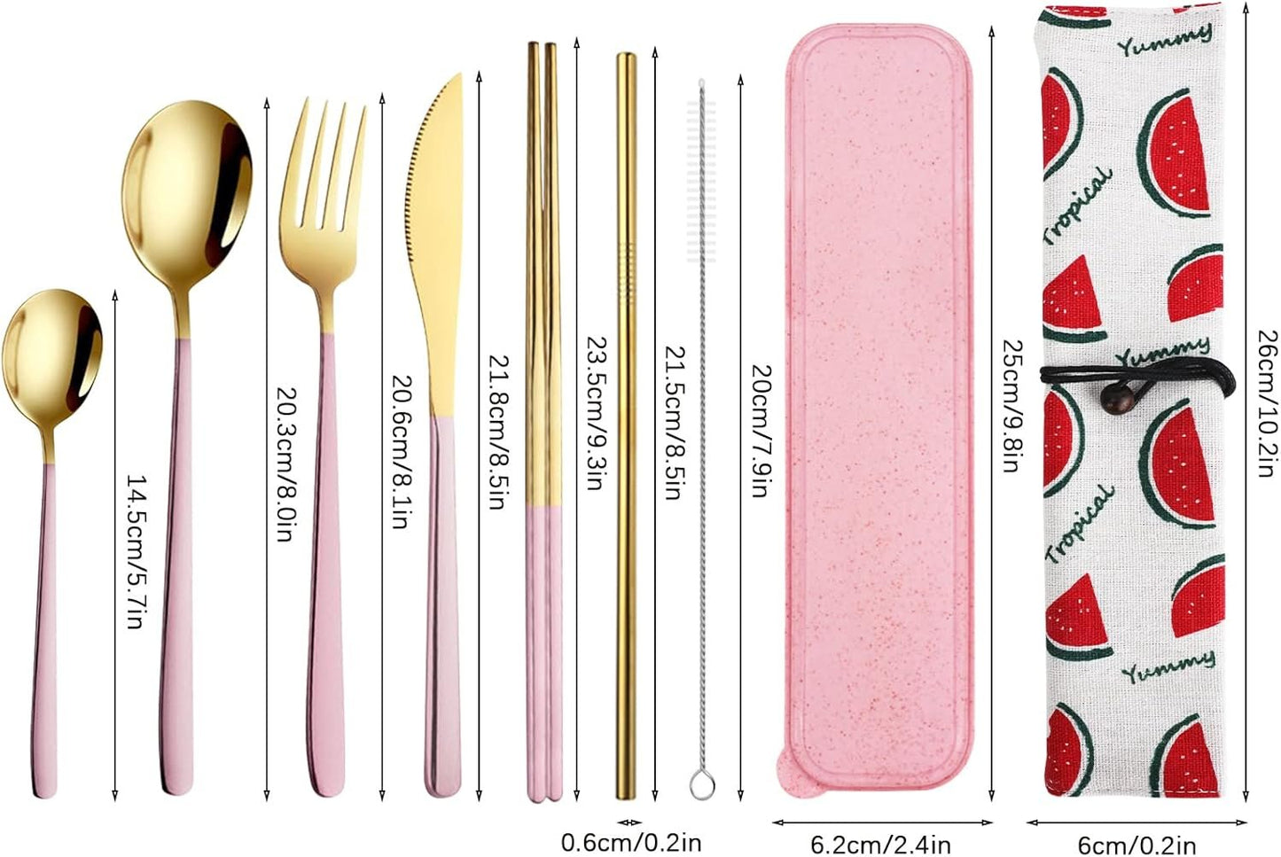 QLFJ-FurDec 9 Pcs Portable Travel Utensils Set, Stainless Steel Reusable Flatware Set, Cutlery Set with Knife Fork Spoon Chopsticks Cleaning Brush Straws Case Set for Camping, Picnic, Office, School(Pink-Gold)