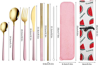 QLFJ-FurDec 9 Pcs Portable Travel Utensils Set, Stainless Steel Reusable Flatware Set, Cutlery Set with Knife Fork Spoon Chopsticks Cleaning Brush Straws Case Set for Camping, Picnic, Office, School(Pink-Gold)