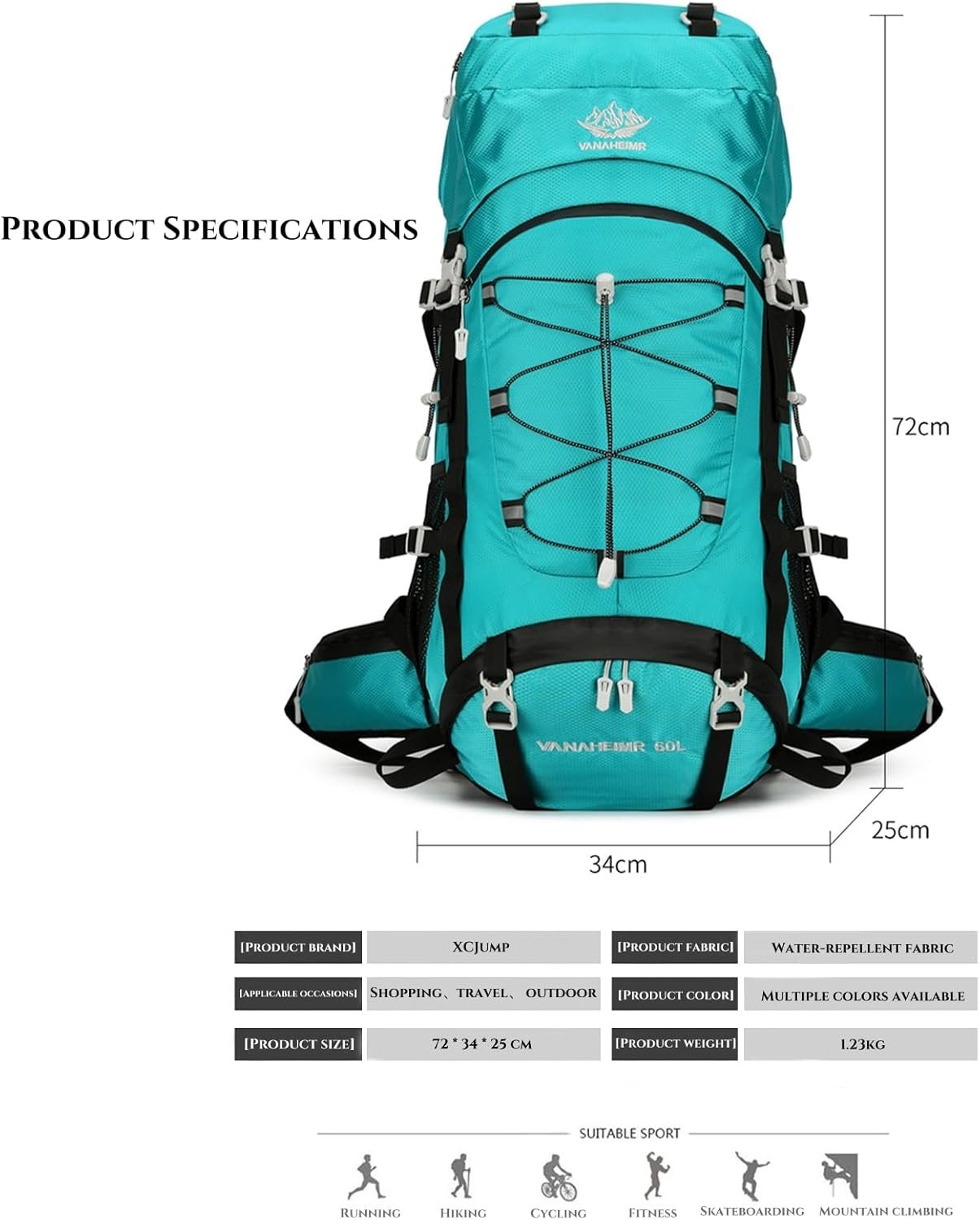 XCJump 60L Hiking Backpack Water Resistant Outdoor Sports Travel Daypack Bag Lightweight Bag With Rain CoverFor Women Men Mountaineering Camping Tourism