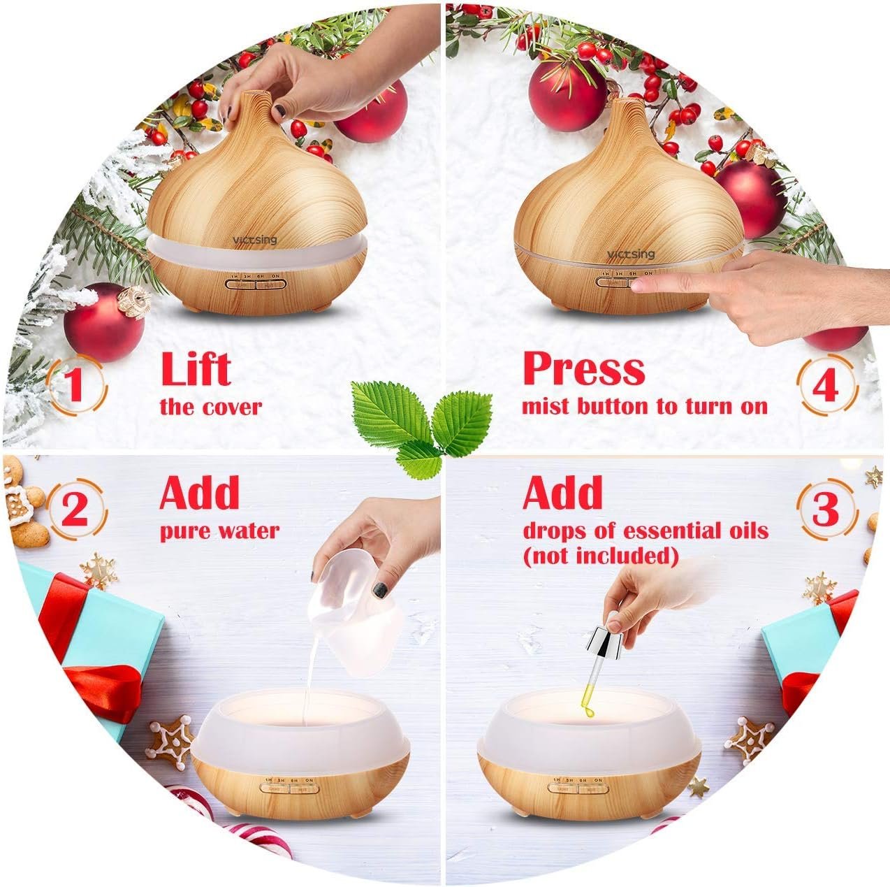 Kunova (TM) 2024 Upgrade 24V 300ml Strong Mist Aroma Diffuser Aromatherapy Essential Oil Diffuser Ultrasonic Cool Mist Humidifier with Changing Colored LED Lights Quiet Cool Mist Humidifier