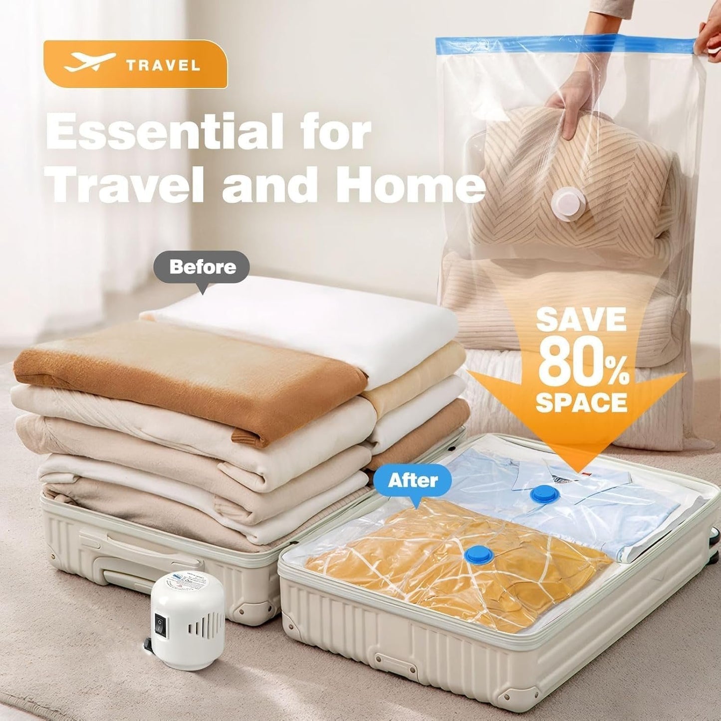 Vacuum Storage Bags with Portable USB Electric Pump, 9 Packs Vacuum Storage Bags, 3Large 3Medium 3Small, for Clothing Travel Luggage Comforters Blankets Pillows Bedding (2025 Upgrade)