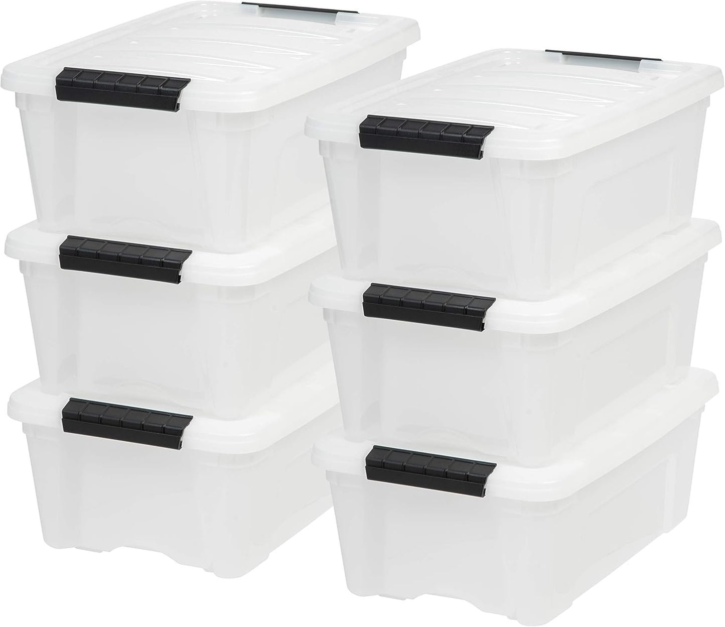 IRIS USA 12 L Plastic Storage Box with Lid and Latches - 6 Pack - BPA-Free, Discreet Organizing Solution, Durable Nestable Stackable Containers, Secure Pull Handle - Pearl