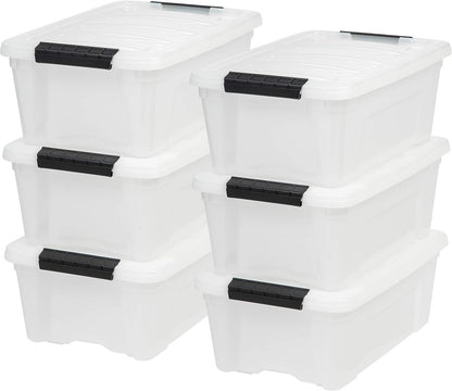 IRIS USA 12 L Plastic Storage Box with Lid and Latches - 6 Pack - BPA-Free, Discreet Organizing Solution, Durable Nestable Stackable Containers, Secure Pull Handle - Pearl