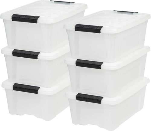 IRIS USA 12 L Plastic Storage Box with Lid and Latches - 6 Pack - BPA-Free, Discreet Organizing Solution, Durable Nestable Stackable Containers, Secure Pull Handle - Pearl