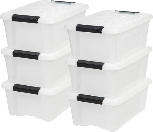 IRIS USA 12 L Plastic Storage Box with Lid and Latches - 6 Pack - BPA-Free, Discreet Organizing Solution, Durable Nestable Stackable Containers, Secure Pull Handle - Pearl