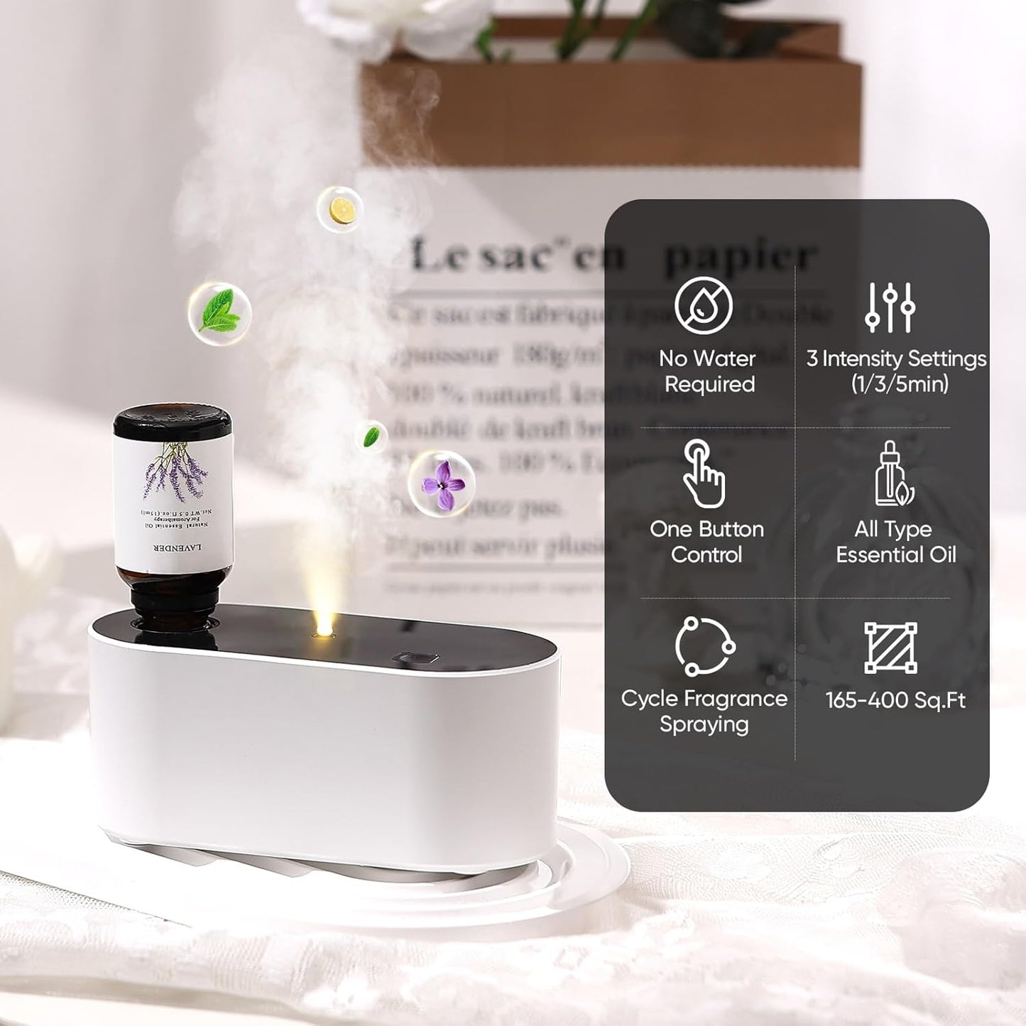 Waterless Diffuser for Essential Oil, Scent Air Aromatherapy Diffuser, Mini Portable Aroma Diffusers with 3 Mist Modes, Cycle Start, for 160 sq.ft Room Home Office Bedroom