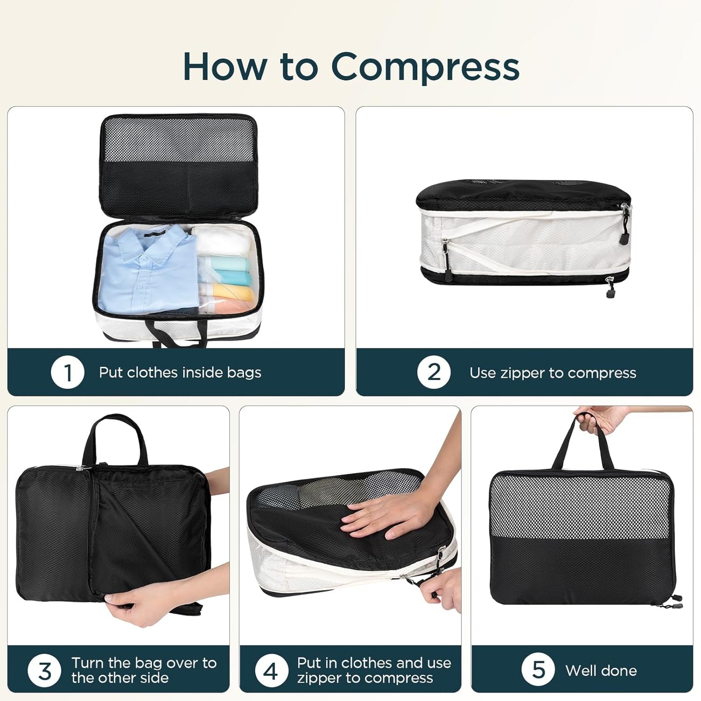 Cozary Set of 4 Double Sided Compression Bags, 3 Compression Cubes 1 Shoe Bag, Compression Packing Cubes Organizer Space-Saving Suitcase for Travel, Hiking and Cruises