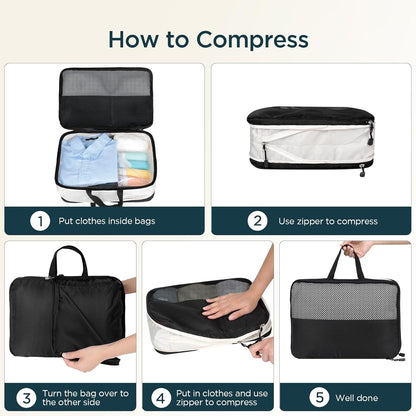Cozary Set of 4 Double Sided Compression Bags, 3 Compression Cubes 1 Shoe Bag, Compression Packing Cubes Organizer Space-Saving Suitcase for Travel, Hiking and Cruises