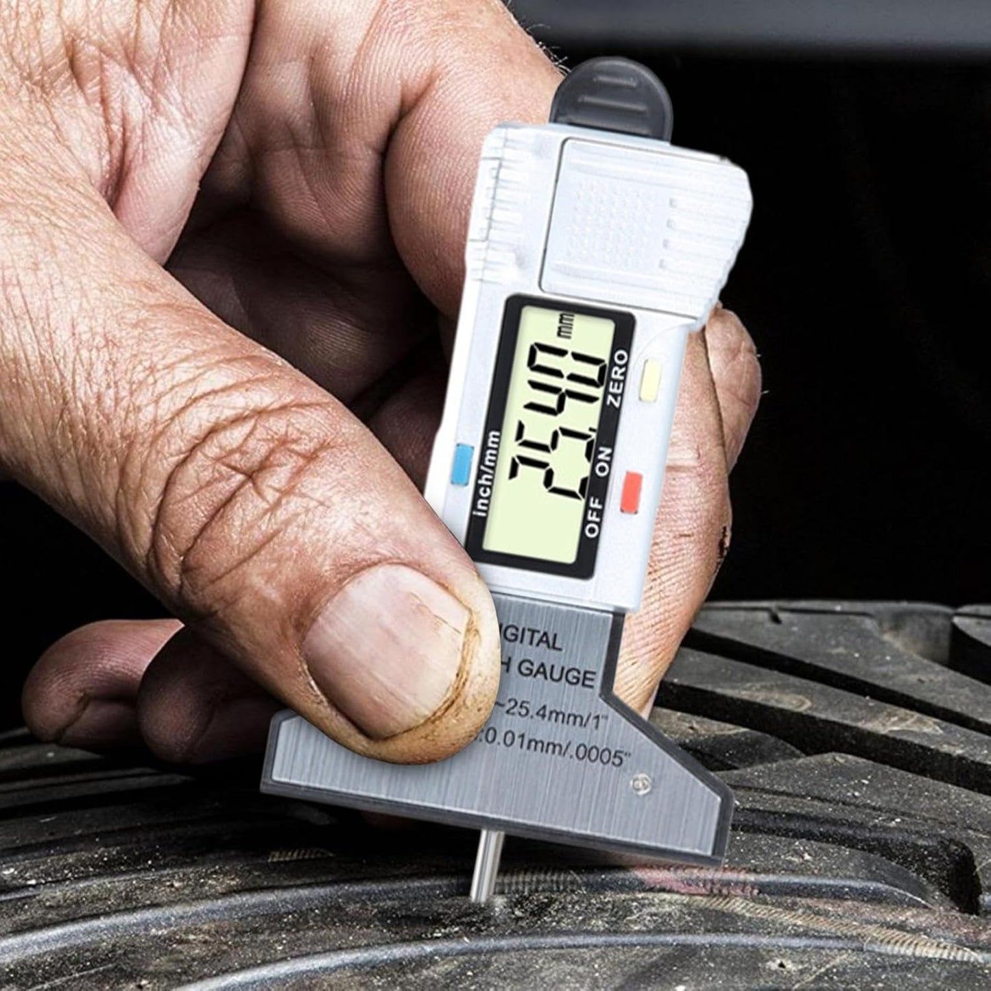 Tire Tread Depth Gauge, Digital Wear Measuring Tool, 0mm Precision with 0-25.4mm Range, Handheld Depth Checker, Ideal for, Motorcycles, Safety Inspections, Garage Use