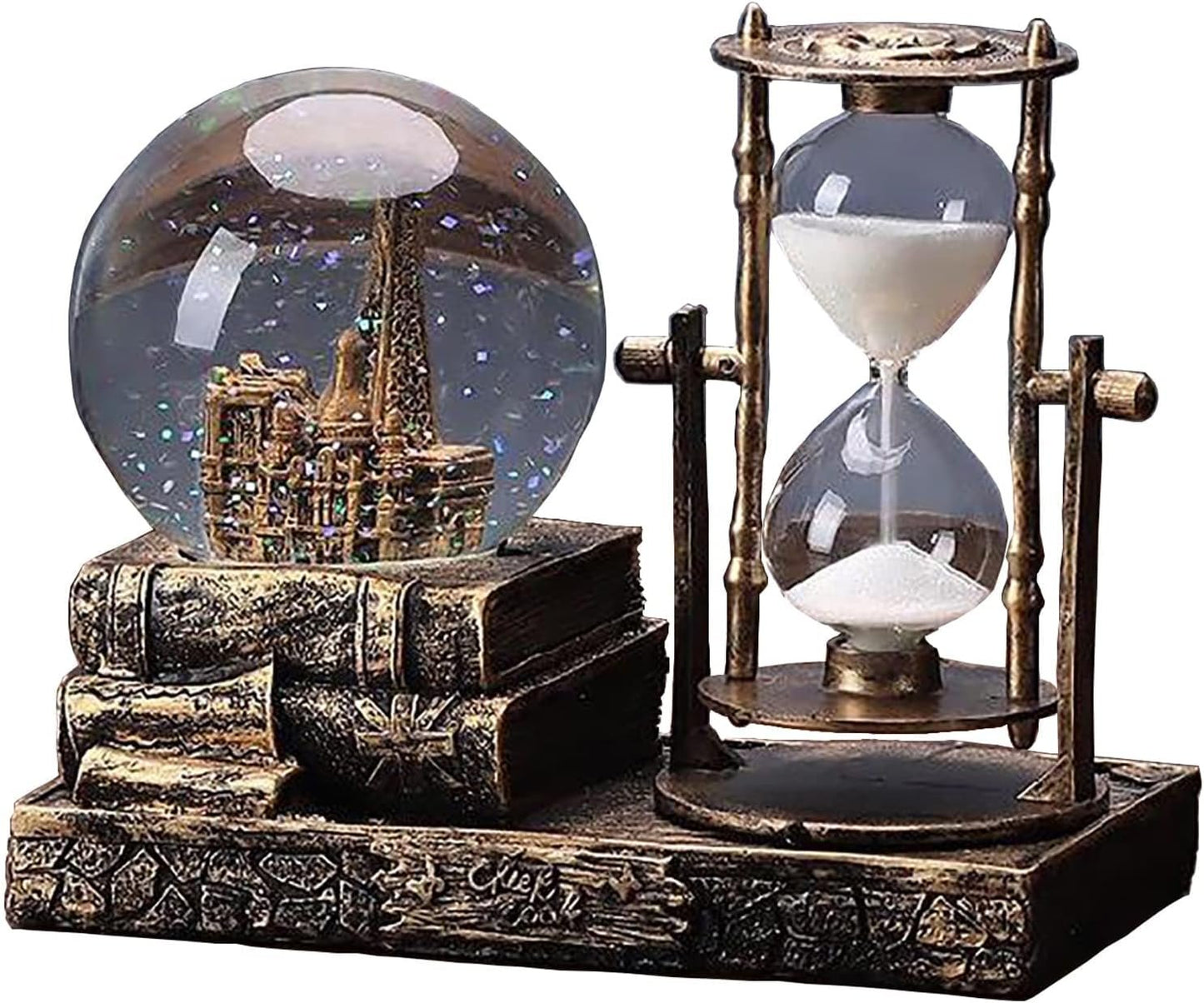 IDORTYBB LED Music Crystal Snow Globe with Hourglass Timer Home Decoration for Living Room Bedroom Book Shelf TV Cabinet Desktop Decor Statue Figurine Table Centerpieces Ornaments (Brass)