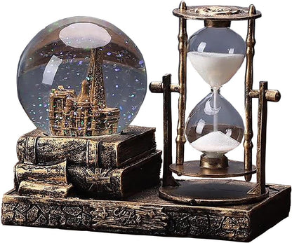 IDORTYBB LED Music Crystal Snow Globe with Hourglass Timer Home Decoration for Living Room Bedroom Book Shelf TV Cabinet Desktop Decor Statue Figurine Table Centerpieces Ornaments (Brass)