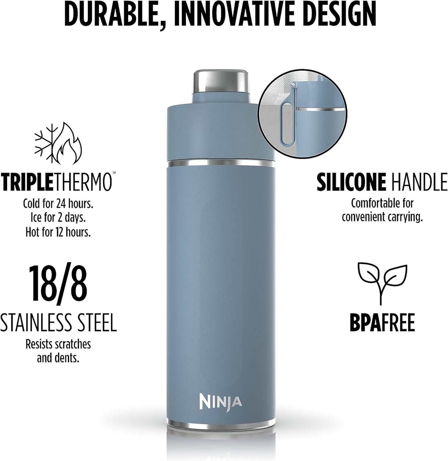 Ninja Thirsti 24oz Travel Bottle for Sparkling Drinks, Fizzier Longer, Leak Proof, 24 Hours Cold, Dishwasher Safe, Insulated Tumbler, Blue, DW2401CBL (Canadian Version)
