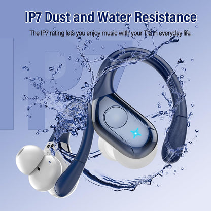 Wireless Earbuds, 75H Bluetooth 5.4 Headphones, Sport Wireless Earphones with 4 ENC Mic, Stereo Bass, IP7, Bluetooth Earbuds with Earhooks for Workout/Running/Work, Dual LED Display Ear buds,Deep Blue