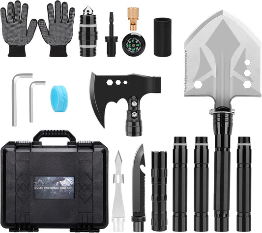Survival Shovel Axe Multitool, Fixm Folding Shovel Hatchet Survival Tool Camping Tool Kit with Storage Box, Great for Outdoors, Camping, Hiking and Car Emergency