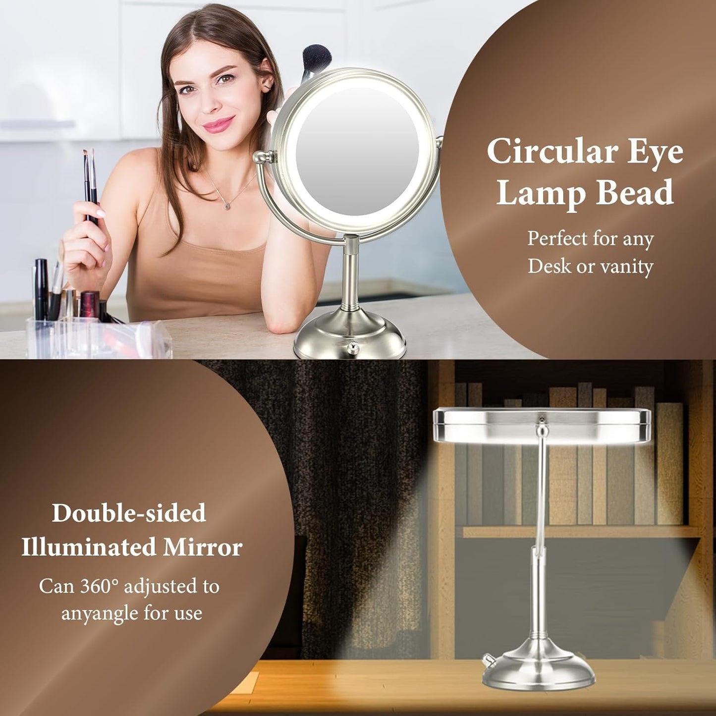 Professional 8.5" Large Lighted Makeup Mirror with Brighter Lights, 1X/10X True HD Magnifying Mirror with 3 Color Dimmable Lights, 80 Shadowless LEDs, 360°Swivel Seamless Vanity Mirror, Pearl Nickel