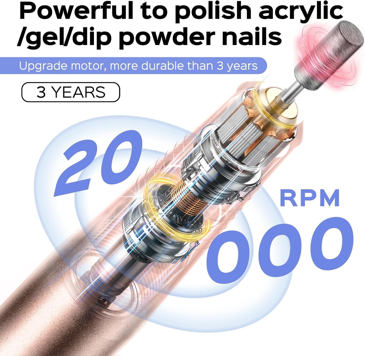 COSLUS Portable Electric Nail Drill Machine for Acrylic Gel Dip Power Nails, Manicure and Pedicure Polish Kit with Bits Sanding Bands, Suitable for Home Salon, Gold