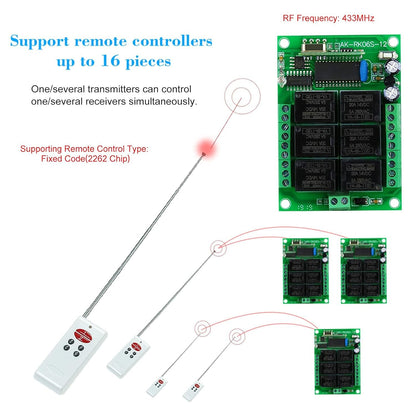 zolyet 433Mhz 6CH Channel Universal 10A Relay Wirel RF Remote Control Switch Receiver Module and 1PCS 6 Key RF 433 Mhz Transmitter Fixed Code (2262 Chip) Remote Controls Home Automation 1