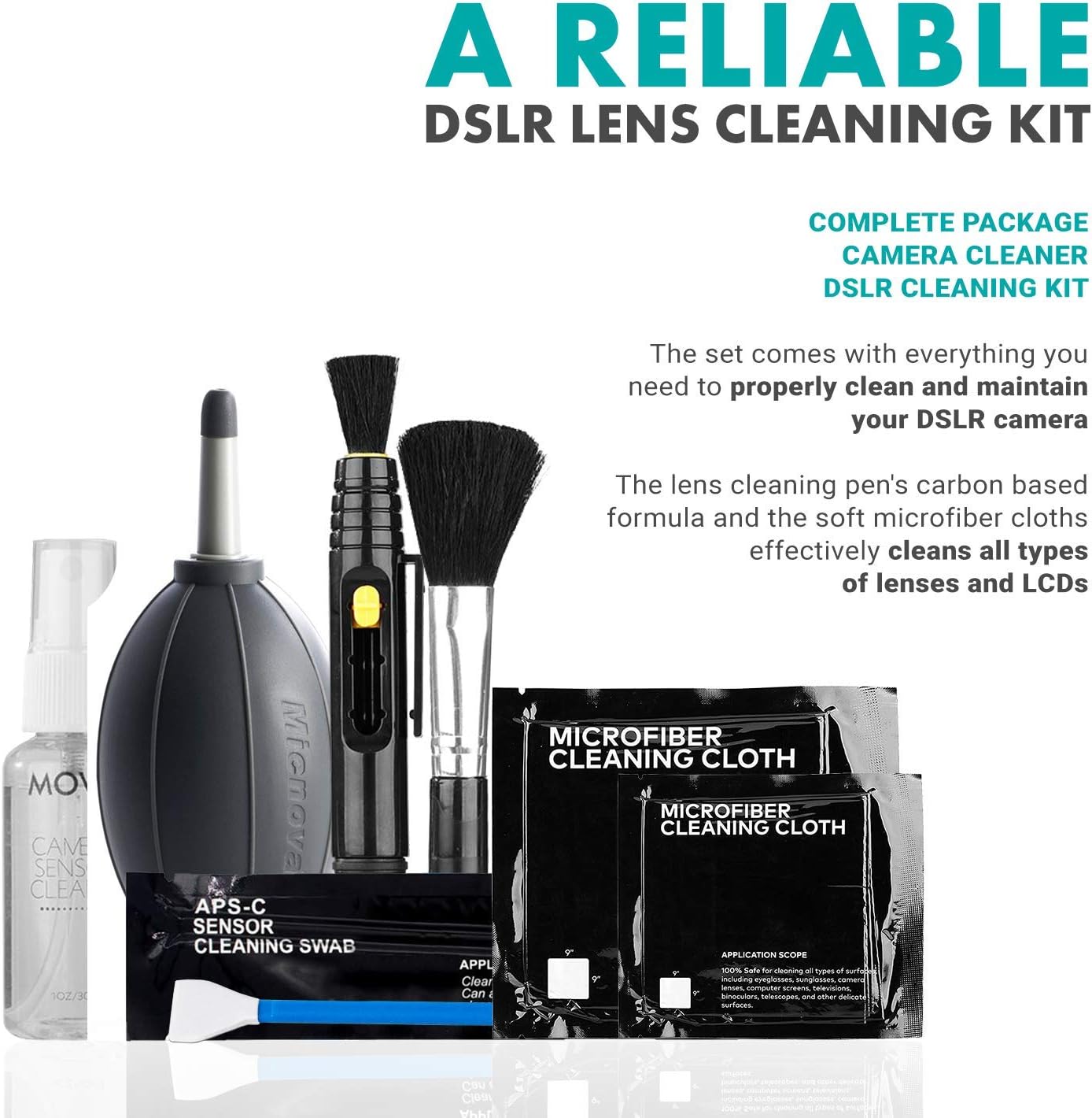 Movo Deluxe Essentials DSLR Camera Cleaning Kit with 10 APS-C Cleaning Swabs, Sensor Cleaning Fluid, Rocket Air Blower, Lens Pen, Soft Brush, 2X Small & 2X Large Microfiber Cloths & Carrying Case