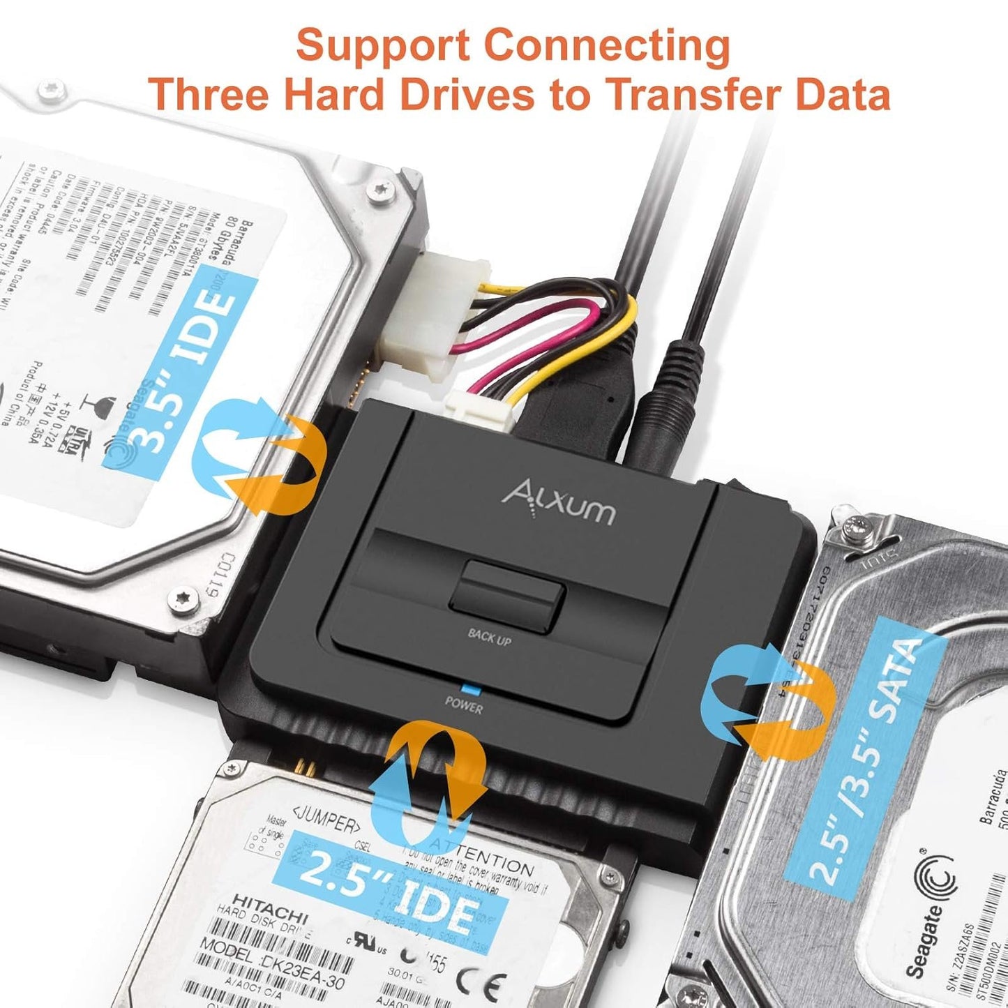 Alxum USB 3.0 to IDE SATA Adapter, Hard Drive Reader for Universal 2.5/3.5 IDE Hard Drive & SATA HDD SSD, Support One Touch Backup and Max 18TB, with 12V 2A Power Adapter & USB A Cable 80cm