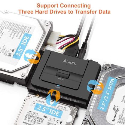 Alxum USB 3.0 to IDE SATA Adapter, Hard Drive Reader for Universal 2.5/3.5 IDE Hard Drive & SATA HDD SSD, Support One Touch Backup and Max 18TB, with 12V 2A Power Adapter & USB A Cable 80cm