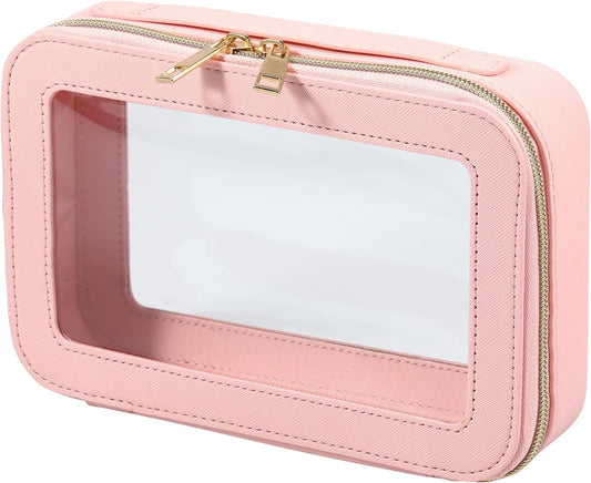 Clear Makeup Bags, Large Capacity Transparent Cosmetic Bags, Waterproof Toiletry Travel Bag, Stylish Makeup Pouch with Double Zippers for Travel Bathroom Men Women Vocation (Pink)