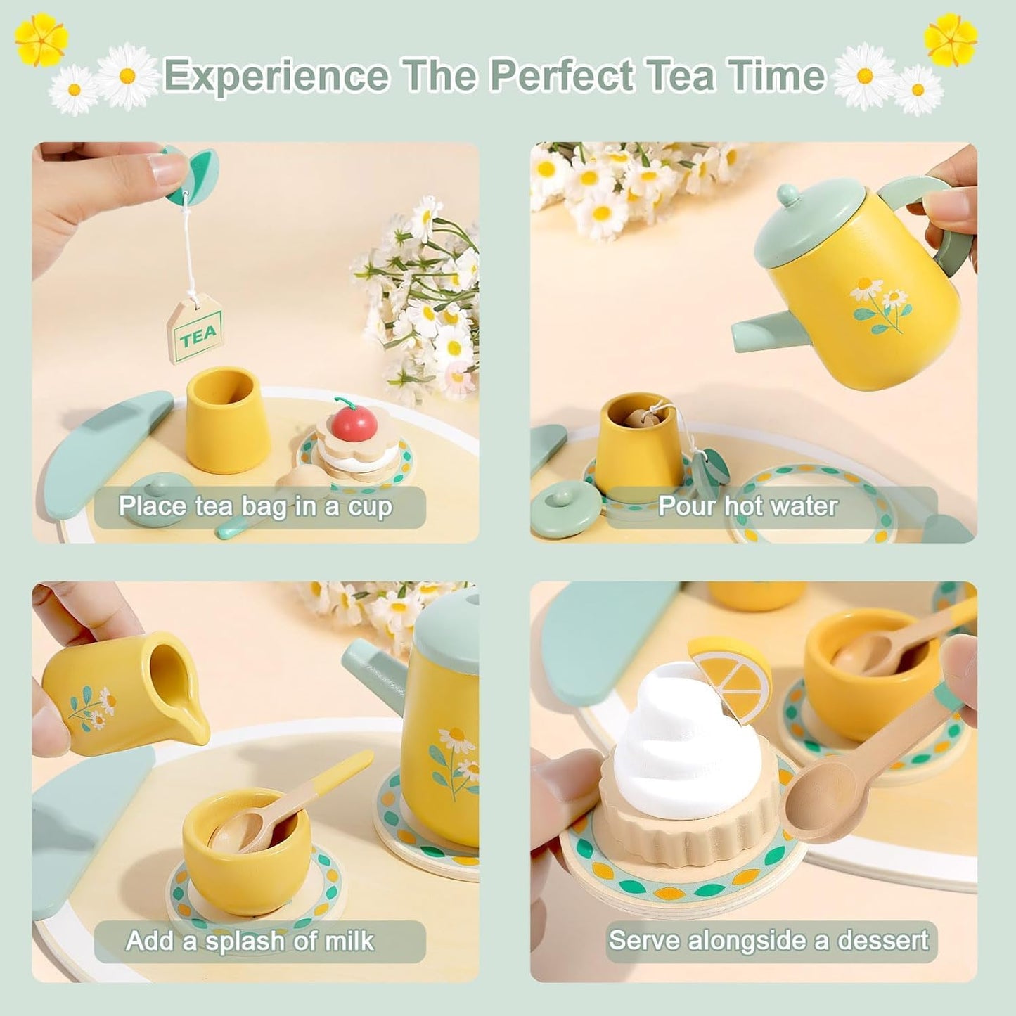 Usndhome Tea Sets for Toddlers 3-5 Girl Birthday Gift 2 Year Old Princess Party Wooden Play Food Toy Sets for Kids Kitchen Accessories Age 3-5 Wood Educational Toys