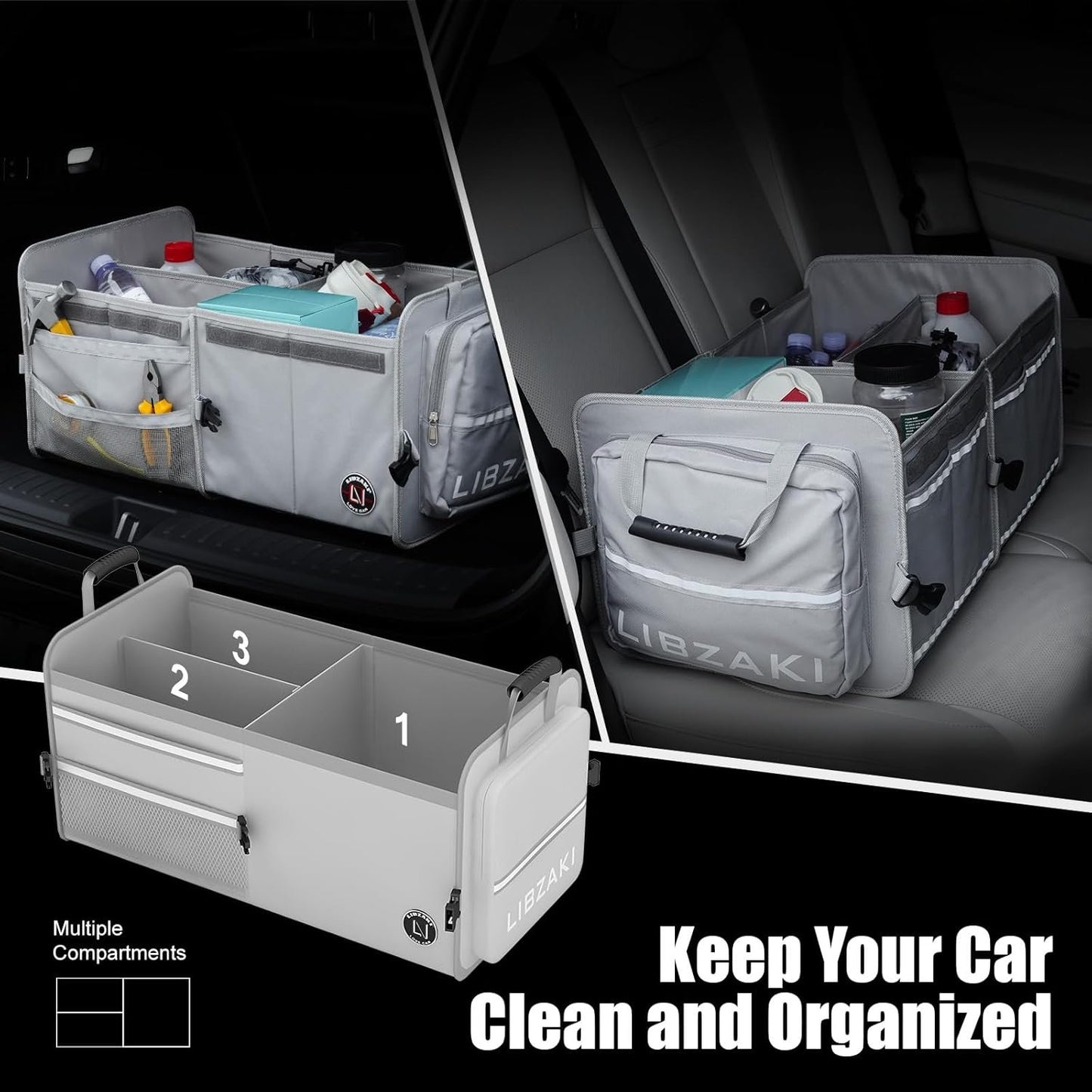 LIBZAKI Car Trunk Storage Organizer, Multi Compartment Collapsible Trunk Storage Box for Car Truck SUV-Gray