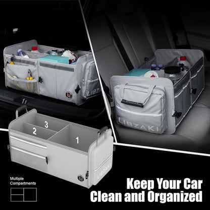 LIBZAKI Car Trunk Storage Organizer, Multi Compartment Collapsible Trunk Storage Box for Car Truck SUV-Gray